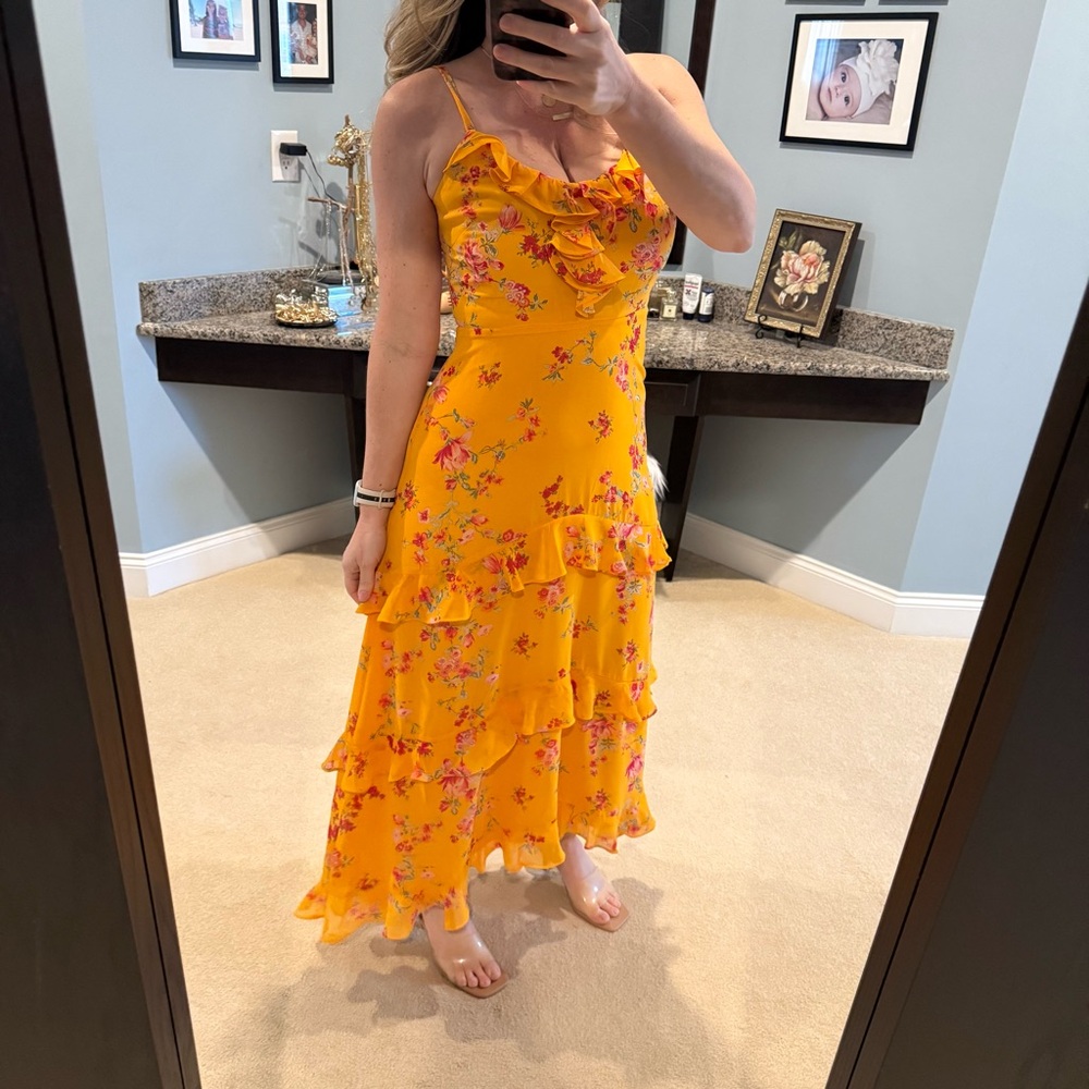 1 State Floral tangerine colored Ruffle Dress small